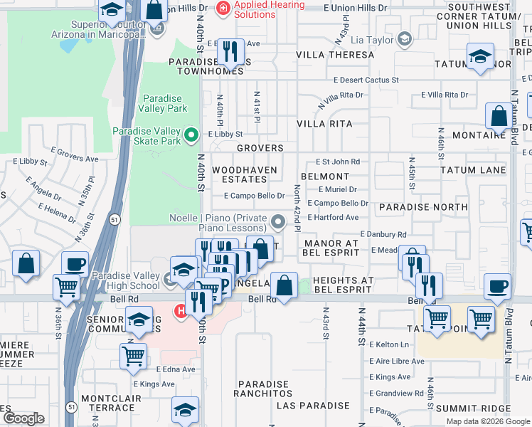 map of restaurants, bars, coffee shops, grocery stores, and more near 4115 East Hartford Avenue in Phoenix