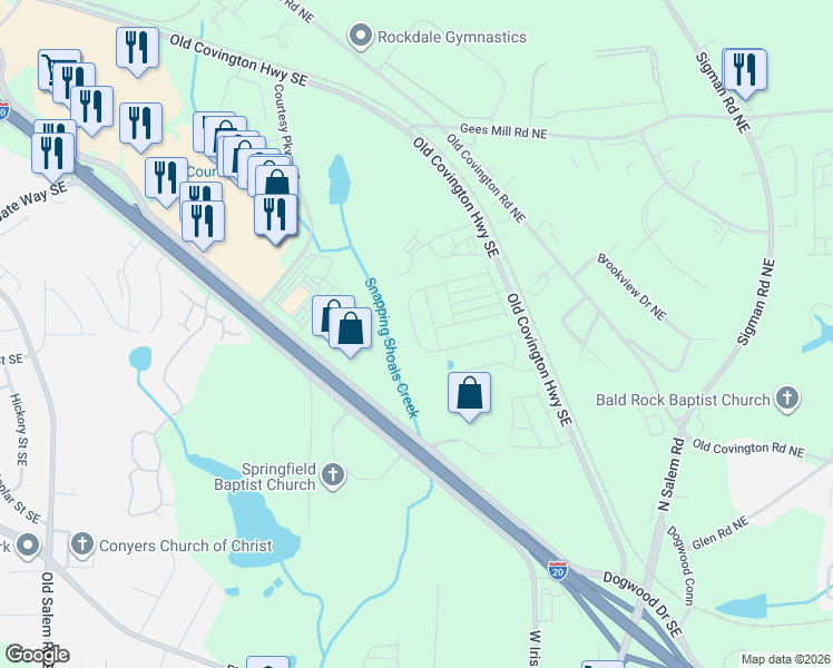 map of restaurants, bars, coffee shops, grocery stores, and more near 1971 Old Covington Highway Southeast in Conyers