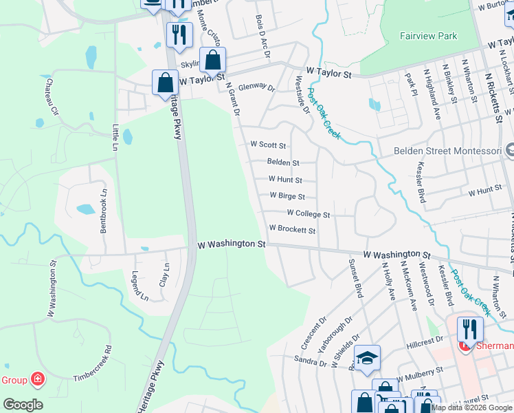 map of restaurants, bars, coffee shops, grocery stores, and more near 1010 North Grant Drive in Sherman