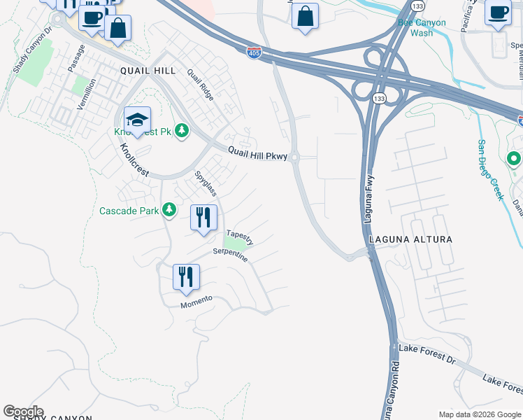 map of restaurants, bars, coffee shops, grocery stores, and more near 102 Lattice in Irvine