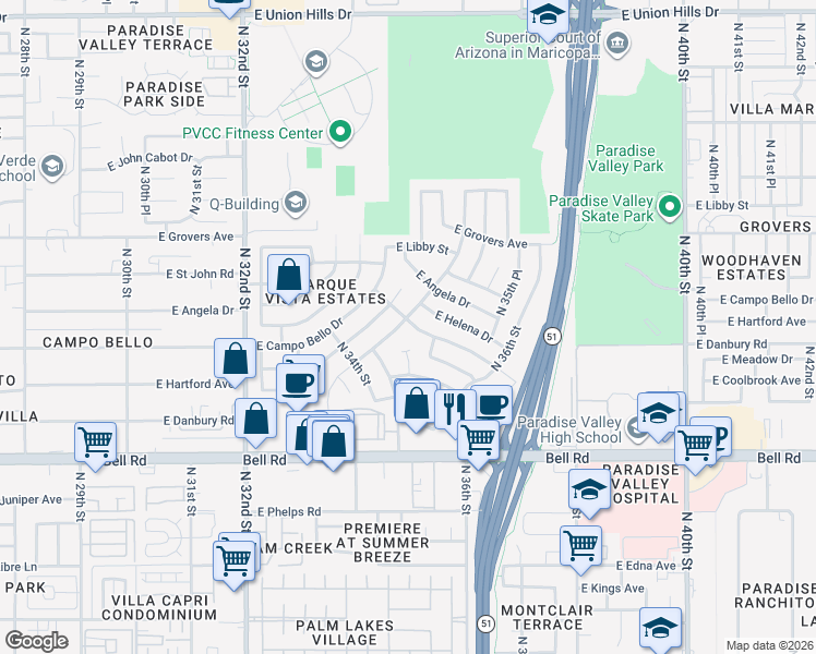 map of restaurants, bars, coffee shops, grocery stores, and more near 3508 East Campo Bello Drive in Phoenix