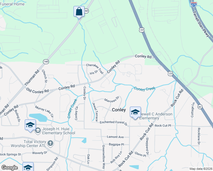 map of restaurants, bars, coffee shops, grocery stores, and more near 3965 Keystone Place in Conley