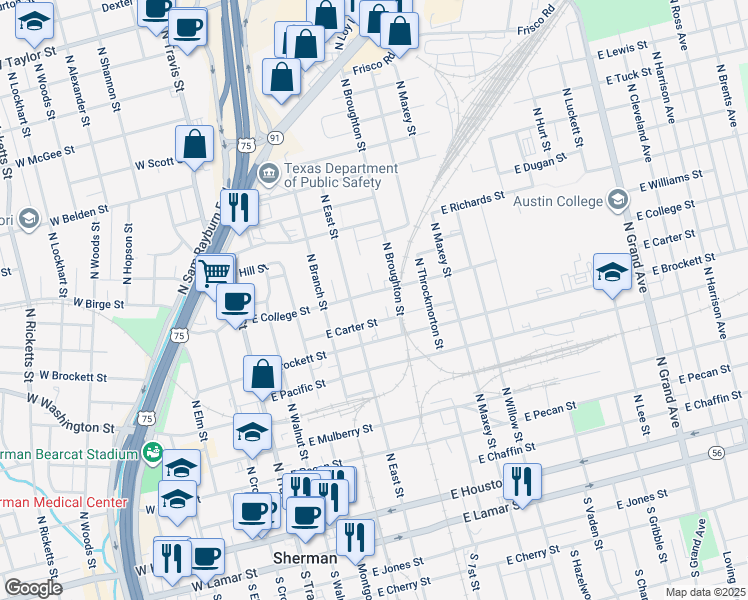 map of restaurants, bars, coffee shops, grocery stores, and more near 522 East College Street in Sherman