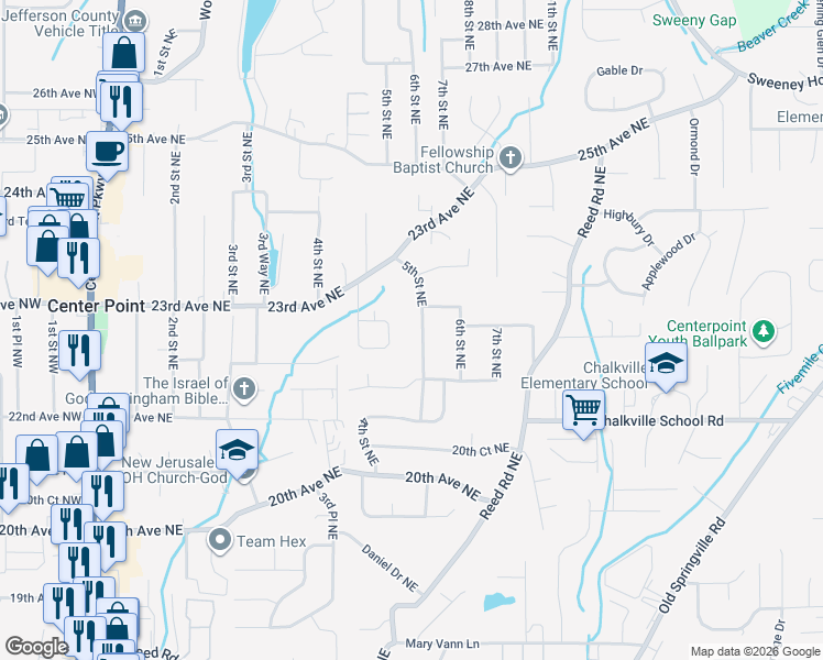 map of restaurants, bars, coffee shops, grocery stores, and more near 2236 5th Street Northeast in Center Point