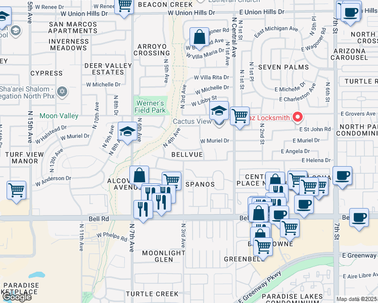 map of restaurants, bars, coffee shops, grocery stores, and more near 240 West Angela Drive in Phoenix