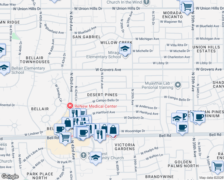 map of restaurants, bars, coffee shops, grocery stores, and more near 4017 West Angela Drive in Glendale