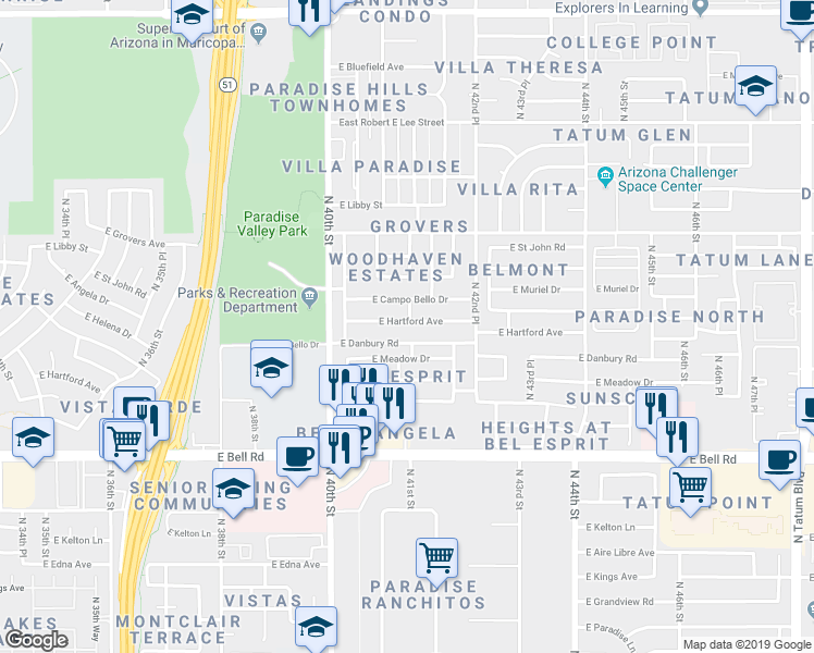map of restaurants, bars, coffee shops, grocery stores, and more near 4067 East Hartford Avenue in Phoenix