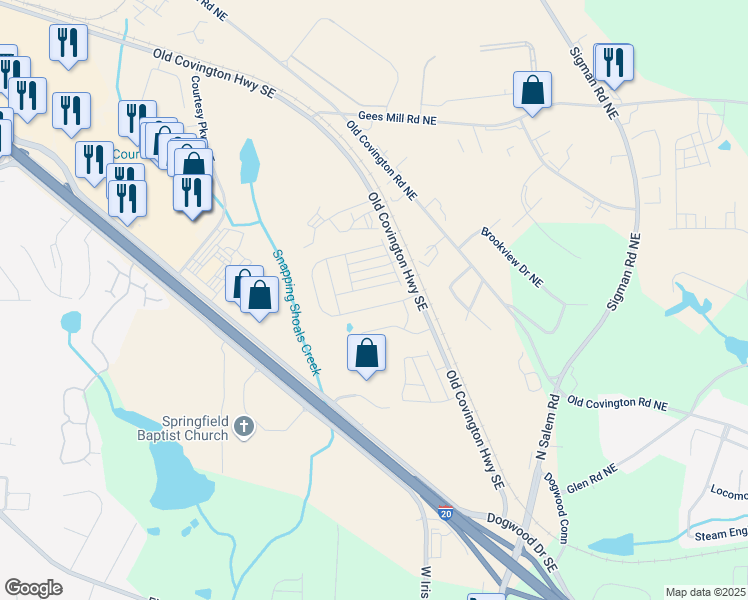 map of restaurants, bars, coffee shops, grocery stores, and more near 2036 Avalon Ridge in Conyers
