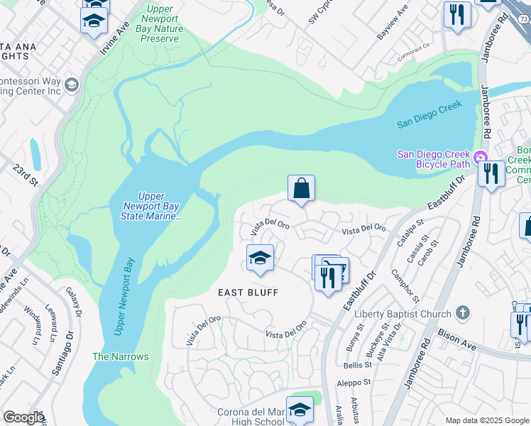 map of restaurants, bars, coffee shops, grocery stores, and more near 2605 Vista Ornada in Newport Beach