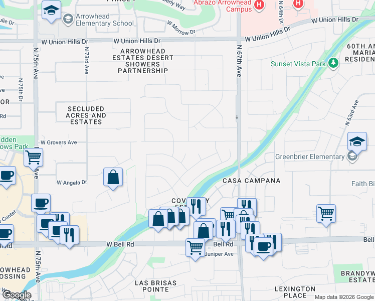 map of restaurants, bars, coffee shops, grocery stores, and more near 17728 North 69th Avenue in Glendale