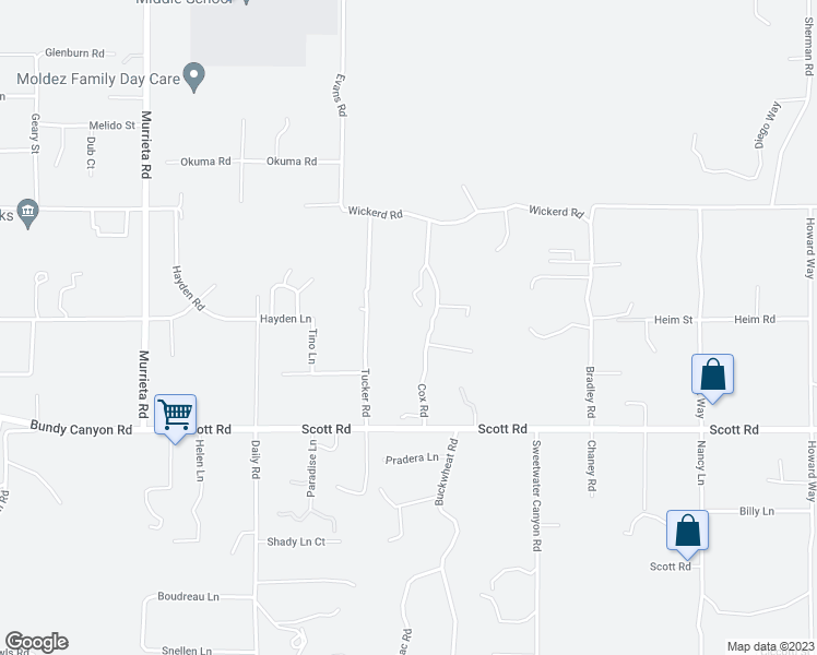 map of restaurants, bars, coffee shops, grocery stores, and more near 32811 Cox Road in Menifee