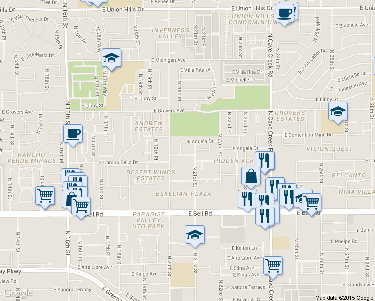 map of restaurants, bars, coffee shops, grocery stores, and more near 2034 East Helena Drive in Phoenix