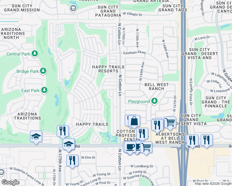 map of restaurants, bars, coffee shops, grocery stores, and more near 17200 W Bell Rd in Surprise