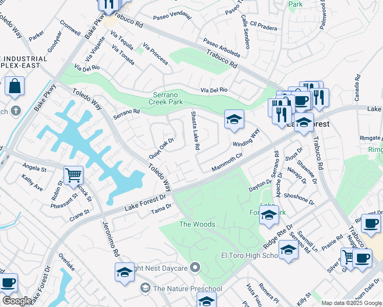 map of restaurants, bars, coffee shops, grocery stores, and more near 21891 Chaster Road in Lake Forest