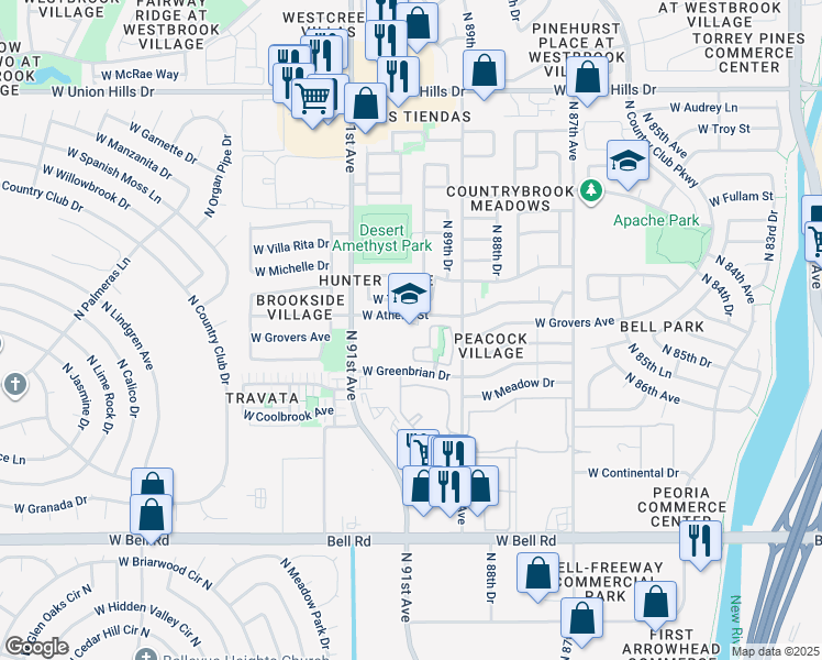 map of restaurants, bars, coffee shops, grocery stores, and more near 8977 West Athens Street in Peoria