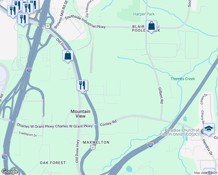 map of restaurants, bars, coffee shops, grocery stores, and more near Southwoods Pkwy in Atlanta