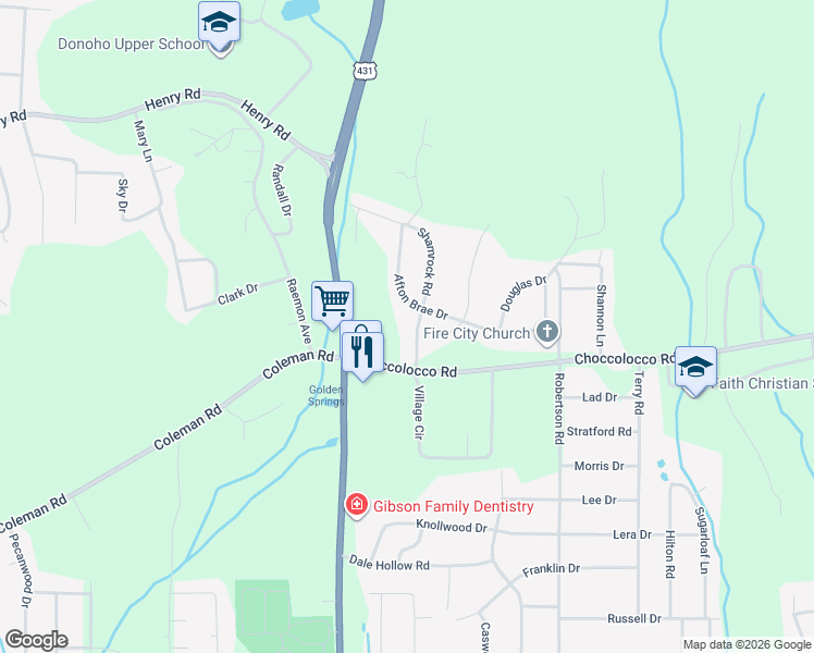 map of restaurants, bars, coffee shops, grocery stores, and more near 116 Shamrock Road in Anniston