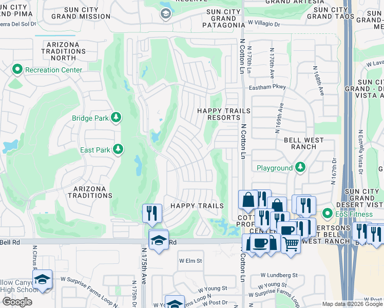 map of restaurants, bars, coffee shops, grocery stores, and more near 585 Pinto in Surprise