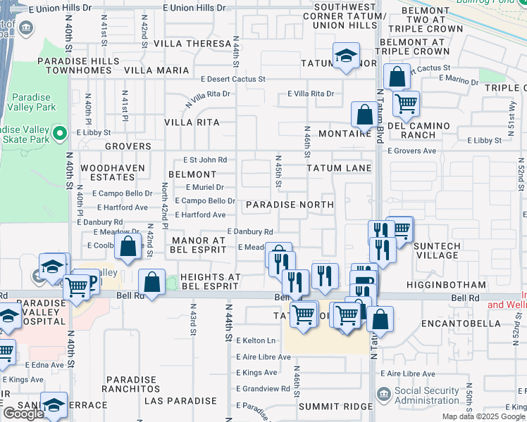 map of restaurants, bars, coffee shops, grocery stores, and more near 4440 East Hartford Avenue in Phoenix