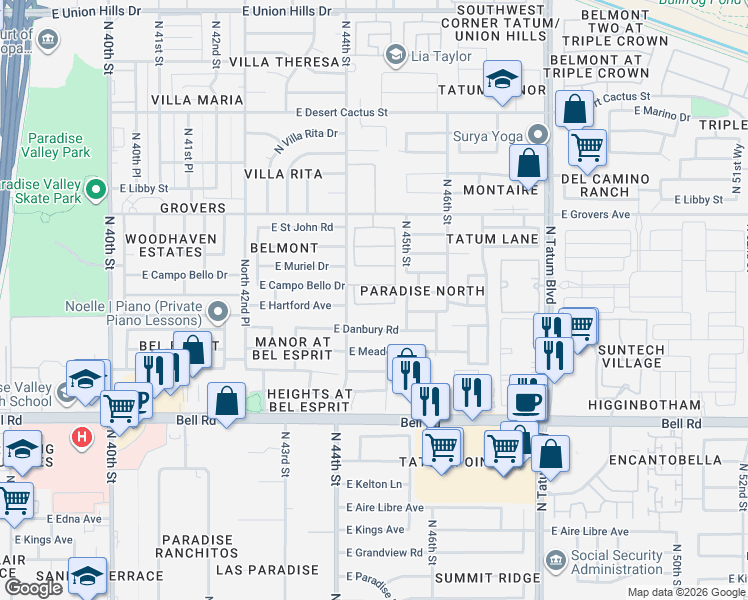 map of restaurants, bars, coffee shops, grocery stores, and more near 4408 East Hartford Avenue in Phoenix