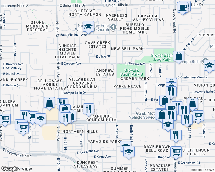 map of restaurants, bars, coffee shops, grocery stores, and more near 17429 North 19th Run in Phoenix