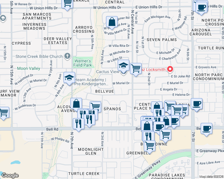 map of restaurants, bars, coffee shops, grocery stores, and more near 17424 North 2nd Avenue in Phoenix