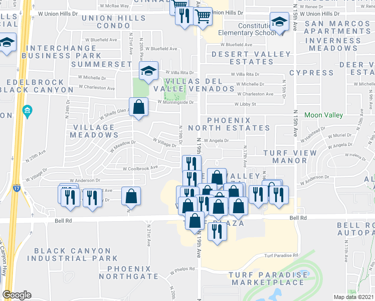 map of restaurants, bars, coffee shops, grocery stores, and more near 17437 North 19th Drive in Phoenix