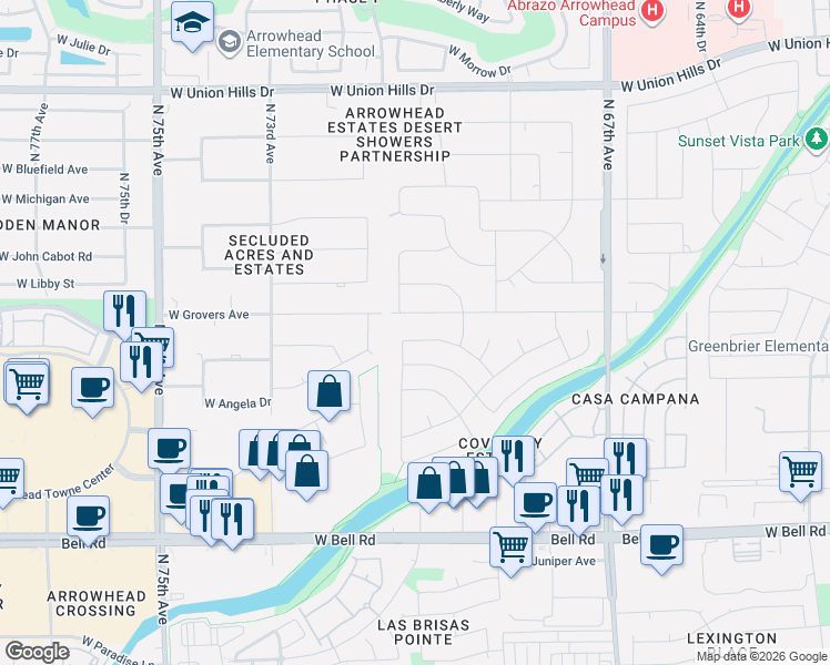 map of restaurants, bars, coffee shops, grocery stores, and more near 7042 West Saint John Road in Glendale