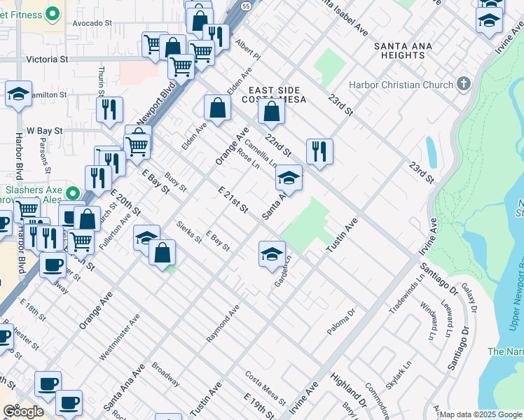 map of restaurants, bars, coffee shops, grocery stores, and more near 294 East 21st Street in Costa Mesa