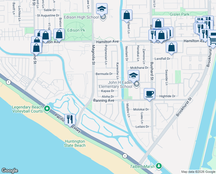 map of restaurants, bars, coffee shops, grocery stores, and more near 9102 Mahalo Drive in Huntington Beach