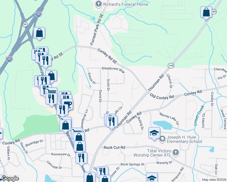 map of restaurants, bars, coffee shops, grocery stores, and more near 4006 Scott Drive in Forest Park