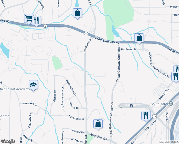 map of restaurants, bars, coffee shops, grocery stores, and more near 4050 Herschel Road in College Park