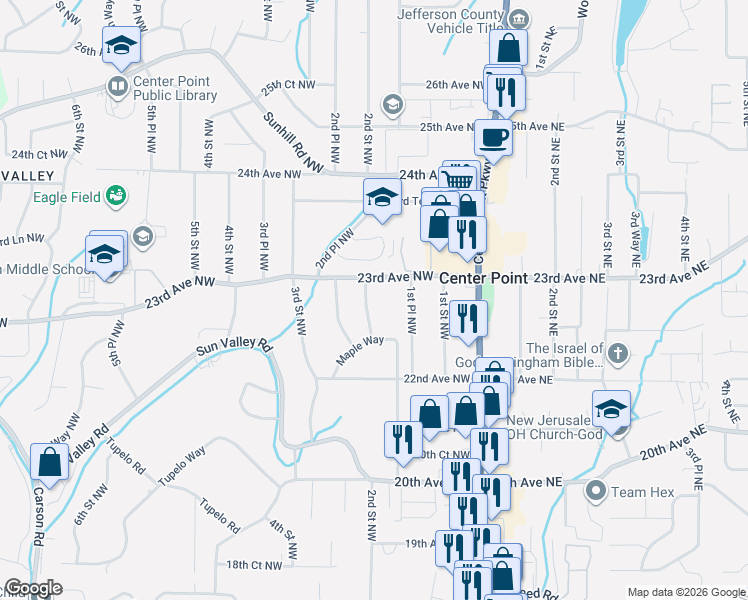 map of restaurants, bars, coffee shops, grocery stores, and more near 2237 2nd Place Northwest in Center Point