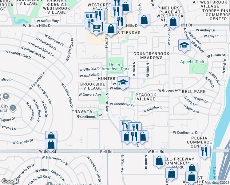 map of restaurants, bars, coffee shops, grocery stores, and more near 9045 West Athens Street in Peoria