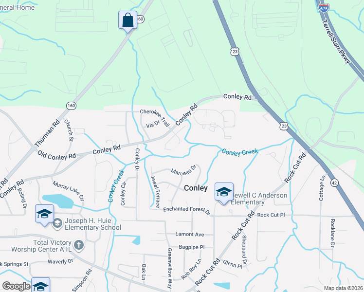 map of restaurants, bars, coffee shops, grocery stores, and more near 3972 Keystone Place in Conley