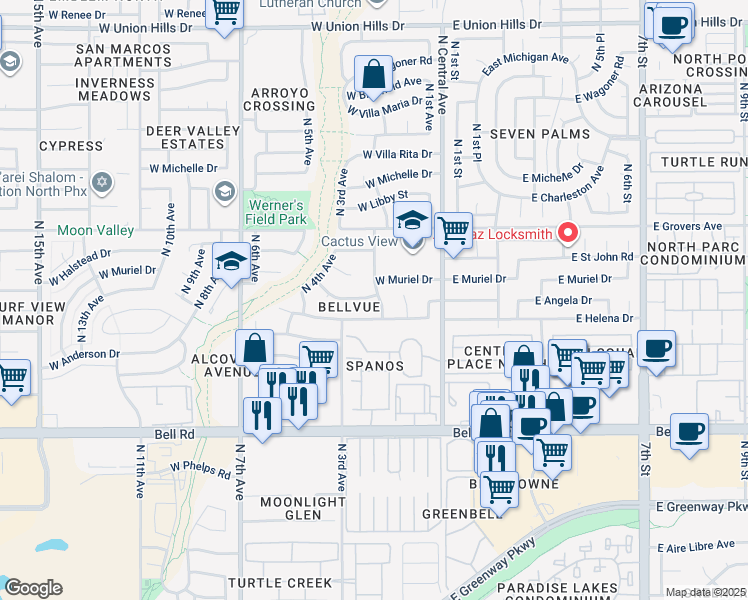 map of restaurants, bars, coffee shops, grocery stores, and more near 17424 North 2nd Avenue in Phoenix