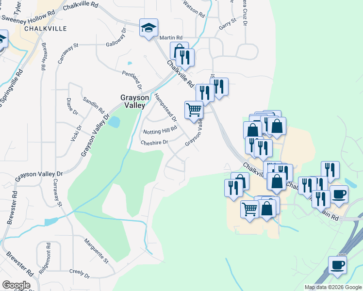 map of restaurants, bars, coffee shops, grocery stores, and more near 1329 Grayson Valley Parkway in Birmingham