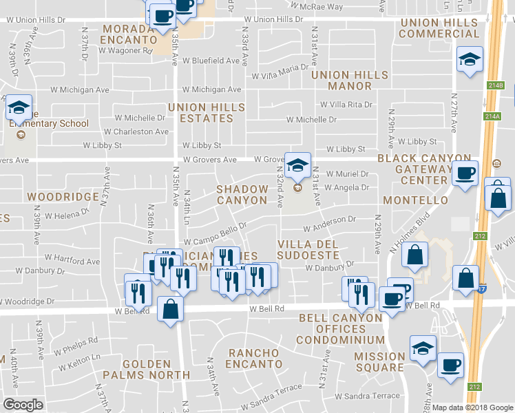 map of restaurants, bars, coffee shops, grocery stores, and more near 3243 West Helena Drive in Phoenix