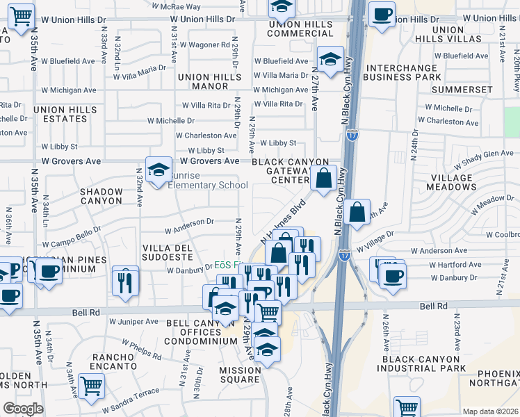 map of restaurants, bars, coffee shops, grocery stores, and more near 2830 West Campo Bello Drive in Phoenix