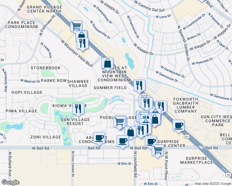 map of restaurants, bars, coffee shops, grocery stores, and more near 14017 West Two Guns Trail in Surprise