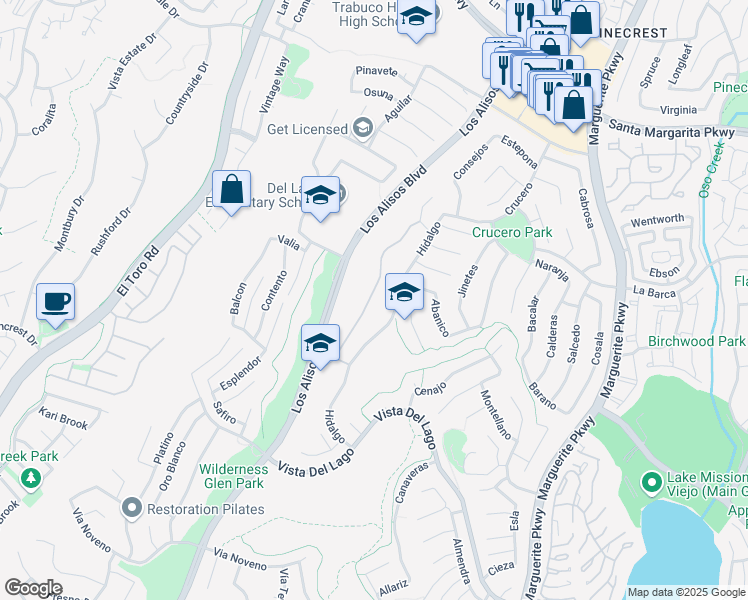 map of restaurants, bars, coffee shops, grocery stores, and more near 21902 Mirador in Mission Viejo