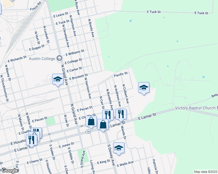 map of restaurants, bars, coffee shops, grocery stores, and more near 501 N Burdette Ave in Sherman