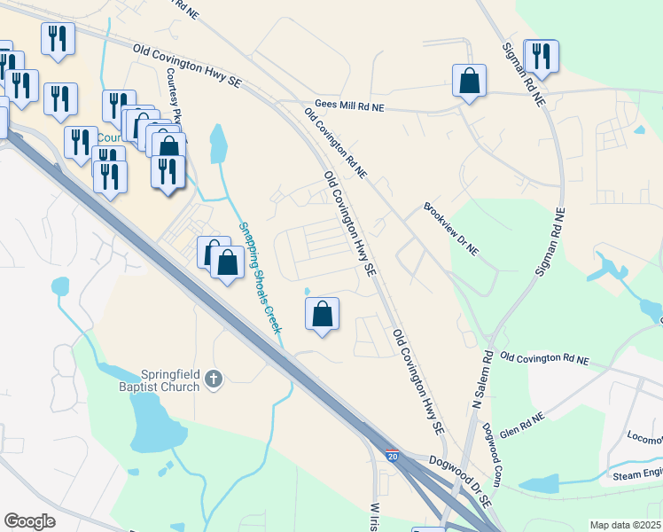 map of restaurants, bars, coffee shops, grocery stores, and more near 2034 Avalon Ridge in Conyers