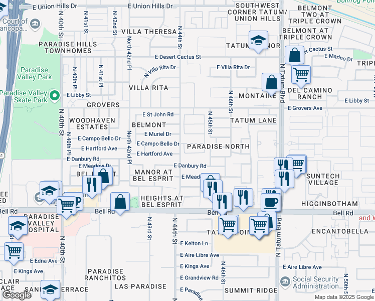 map of restaurants, bars, coffee shops, grocery stores, and more near 4408 East Hartford Avenue in Phoenix