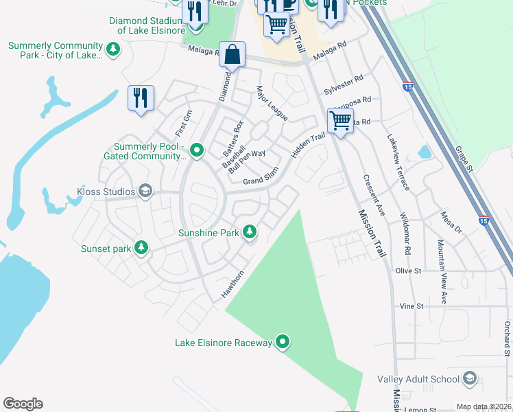 map of restaurants, bars, coffee shops, grocery stores, and more near 29312 Bent Grass in Lake Elsinore