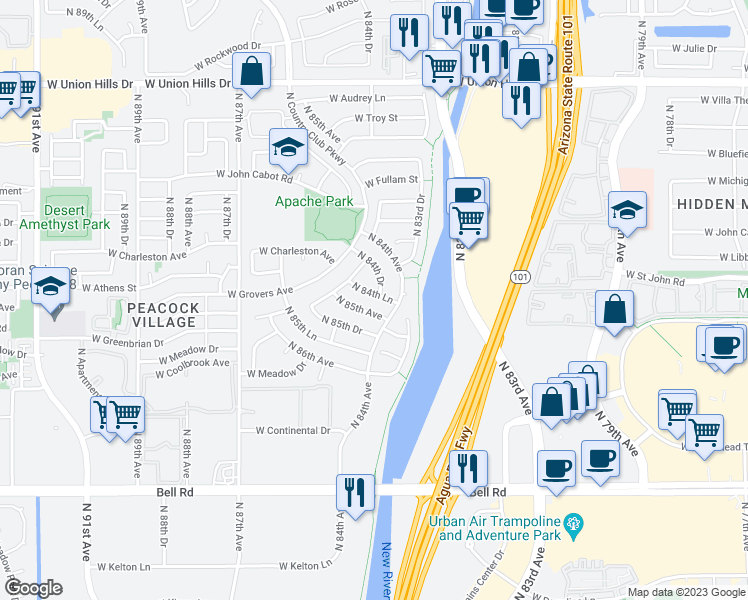 map of restaurants, bars, coffee shops, grocery stores, and more near 17410 North 84th Lane in Peoria