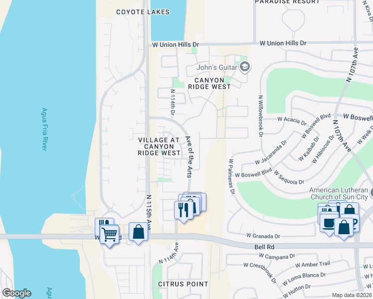 map of restaurants, bars, coffee shops, grocery stores, and more near 17783 North 114th Drive in Surprise