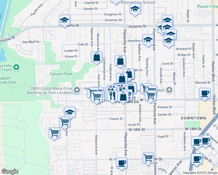 map of restaurants, bars, coffee shops, grocery stores, and more near 1939 Federal Avenue in Costa Mesa