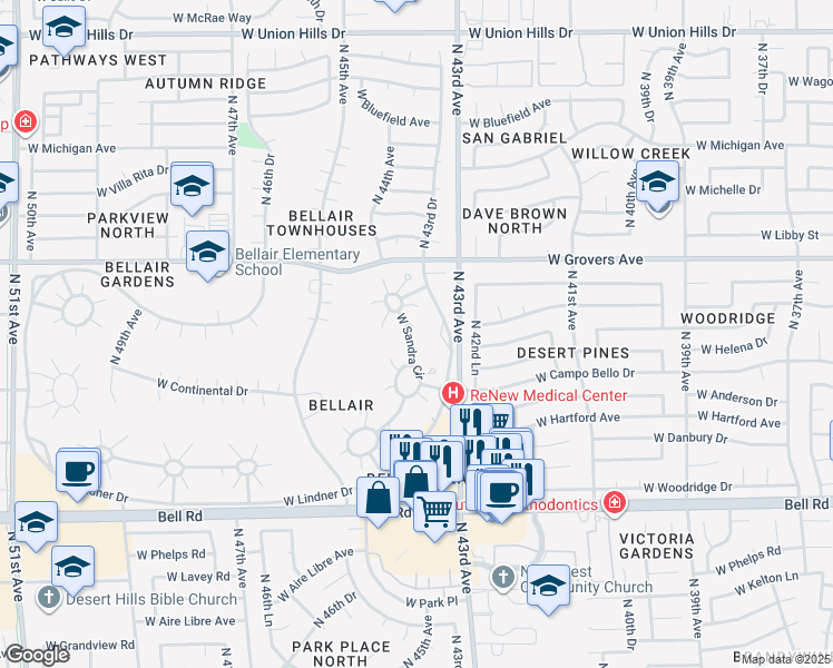 map of restaurants, bars, coffee shops, grocery stores, and more near 4413 West Sandra Circle in Glendale