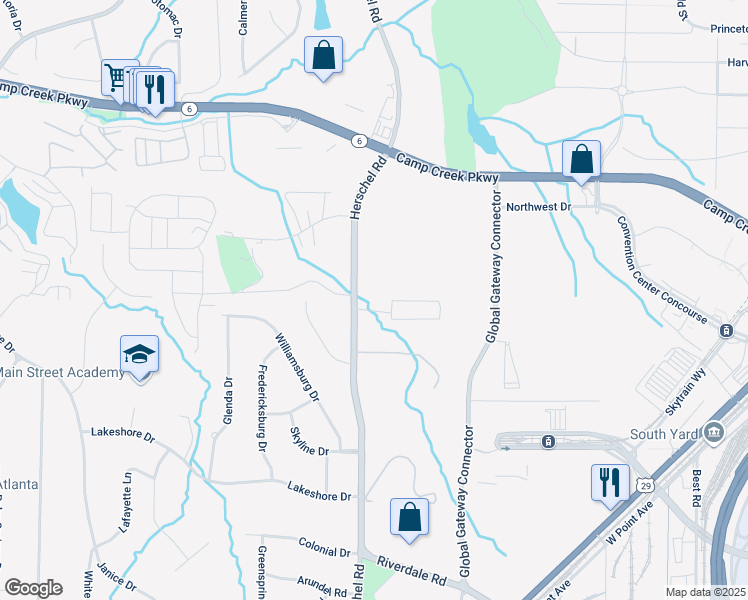 map of restaurants, bars, coffee shops, grocery stores, and more near 4050 Herschel Road in College Park